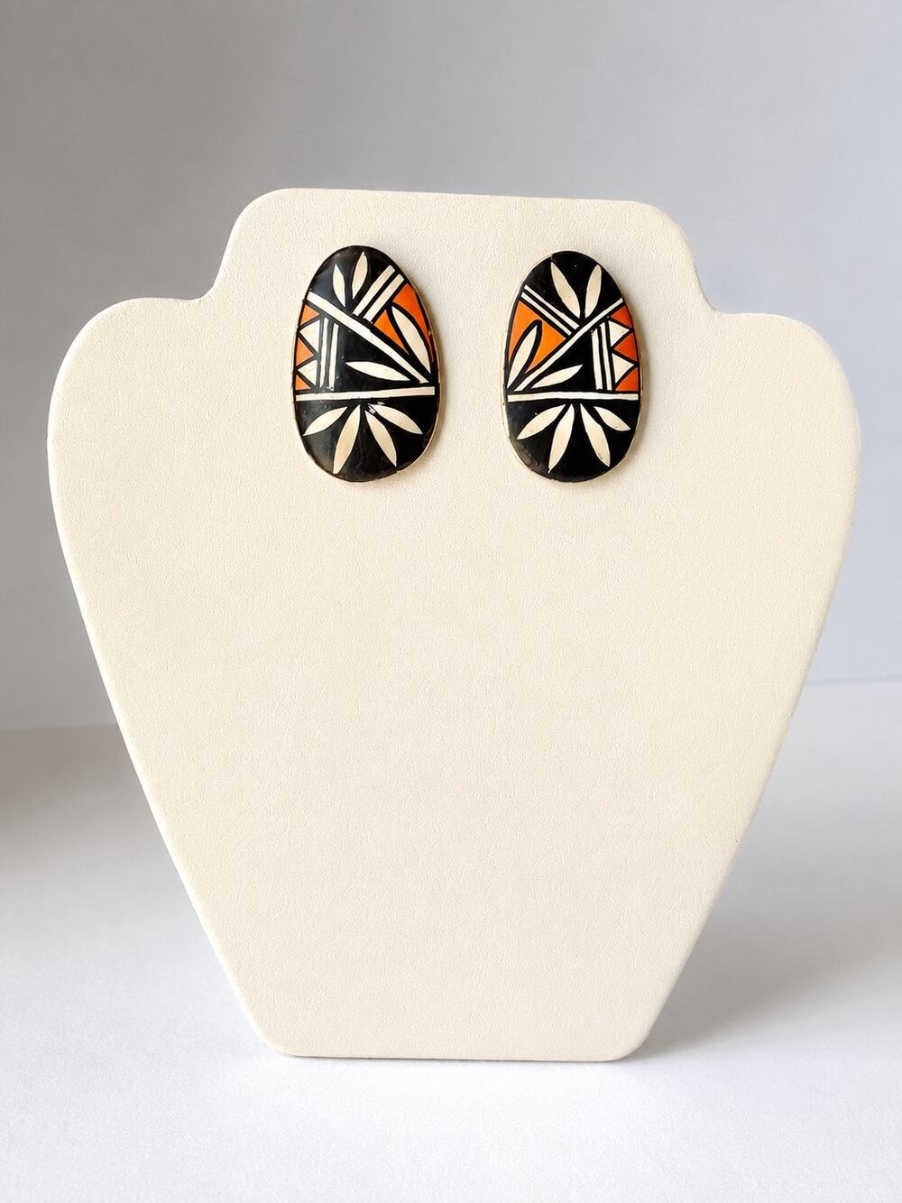 Vintage Joe Nerva Acoma Pueblo Hand Painted Ceramic Oval Stud Earrings Signed